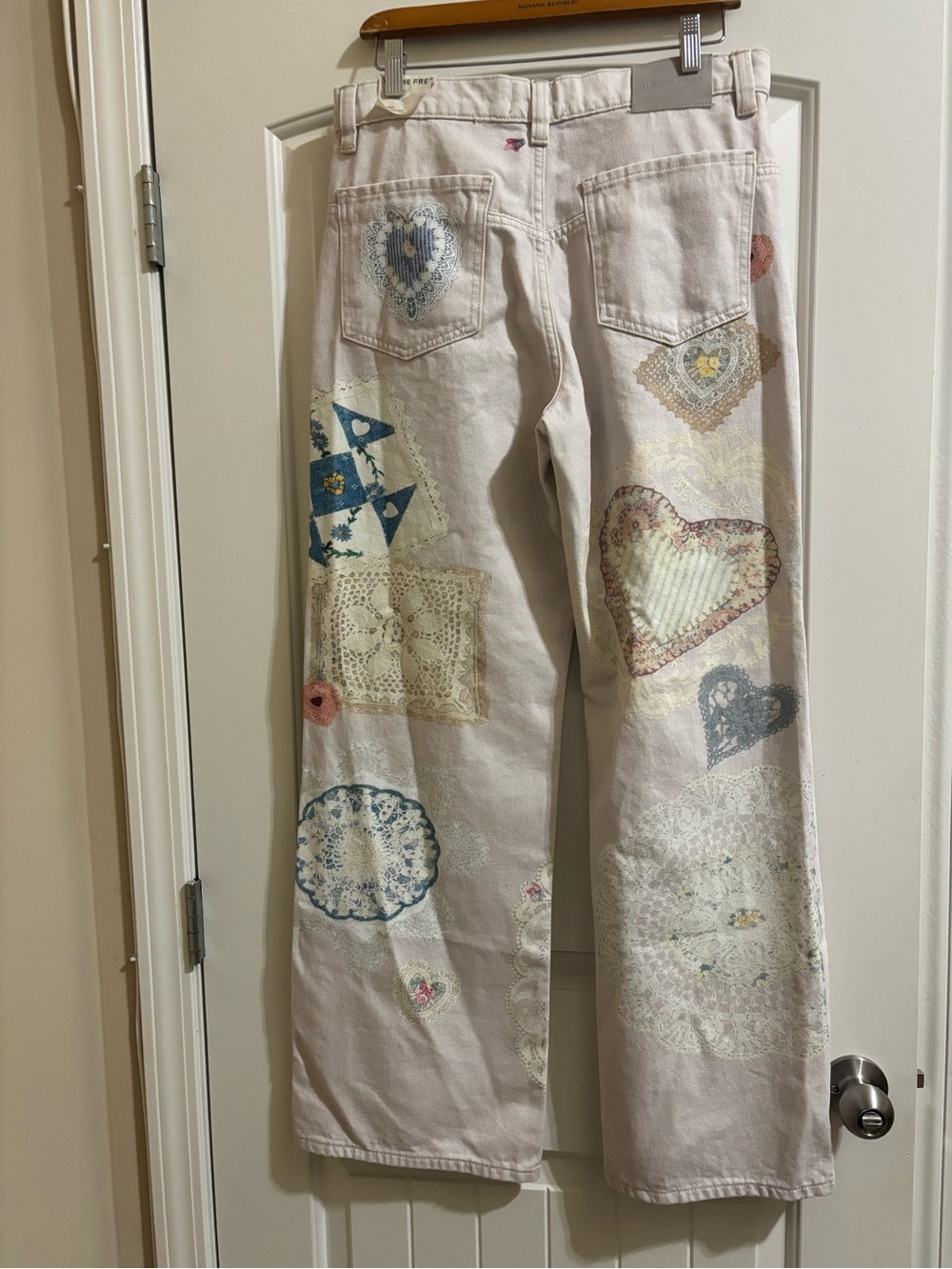 Free People Cream Patchwork Heart & Doily Flare Jeans
